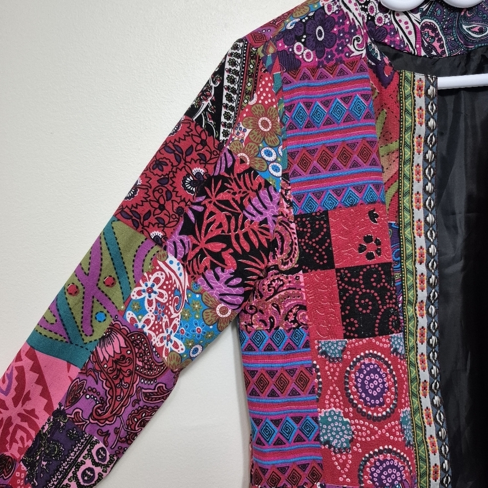 E-Rétro Women's Retro Patchwork Eclectic Boho Open-Front Jacket Size S/M - Picture 3 of 5